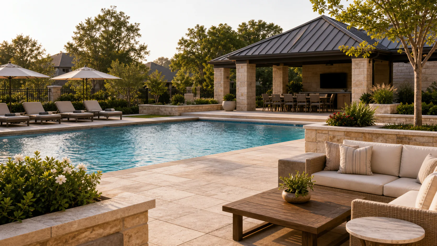 Refined community amenity terrace with pool, pavilion, lounge seating, and landscaping